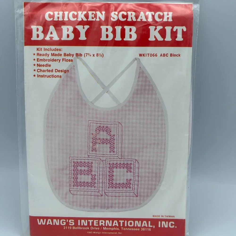 Chicken Scratch Baby Bib Kit WKIT066 Pink Learning ABC Blocks VTG 80s Taiwan